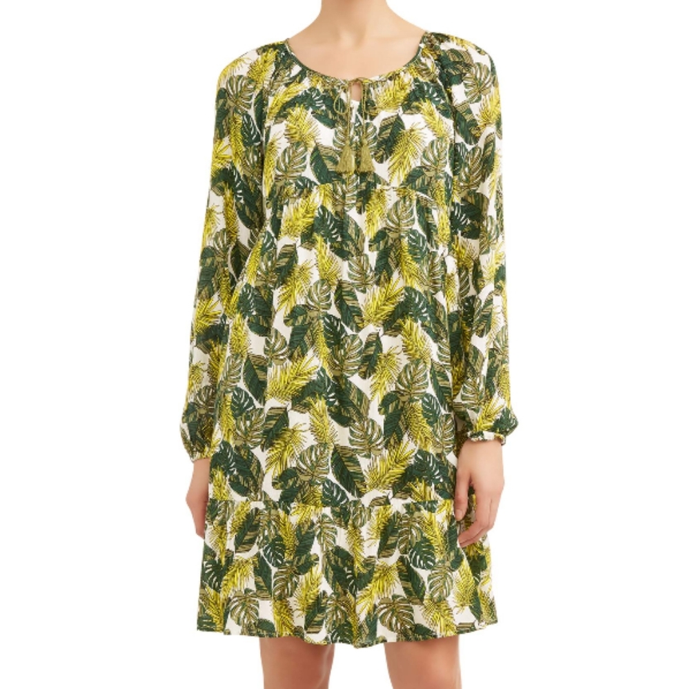 Time and Tru leaf print peasant dress Medium